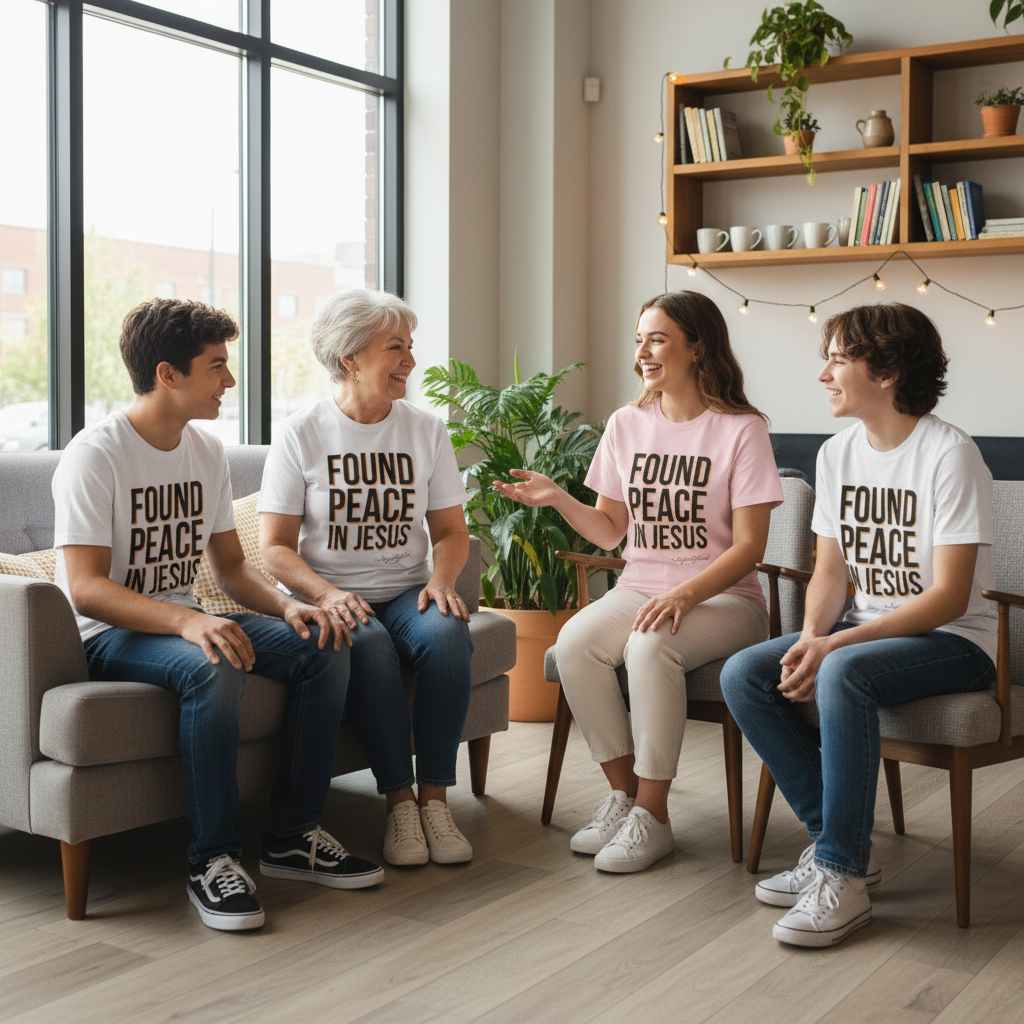 Community group wearing Found Peace in Jesus t-shirts