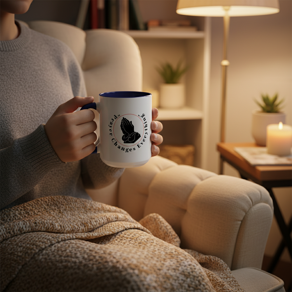 Cozy armchair reading nook with Prayer Changes Everything mug