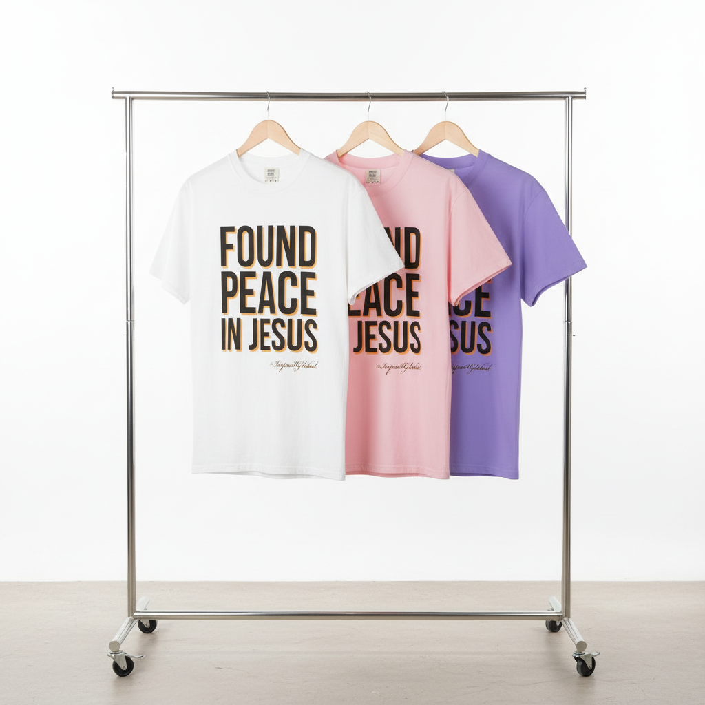 Found Peace in Jesus t-shirts on clothing rack