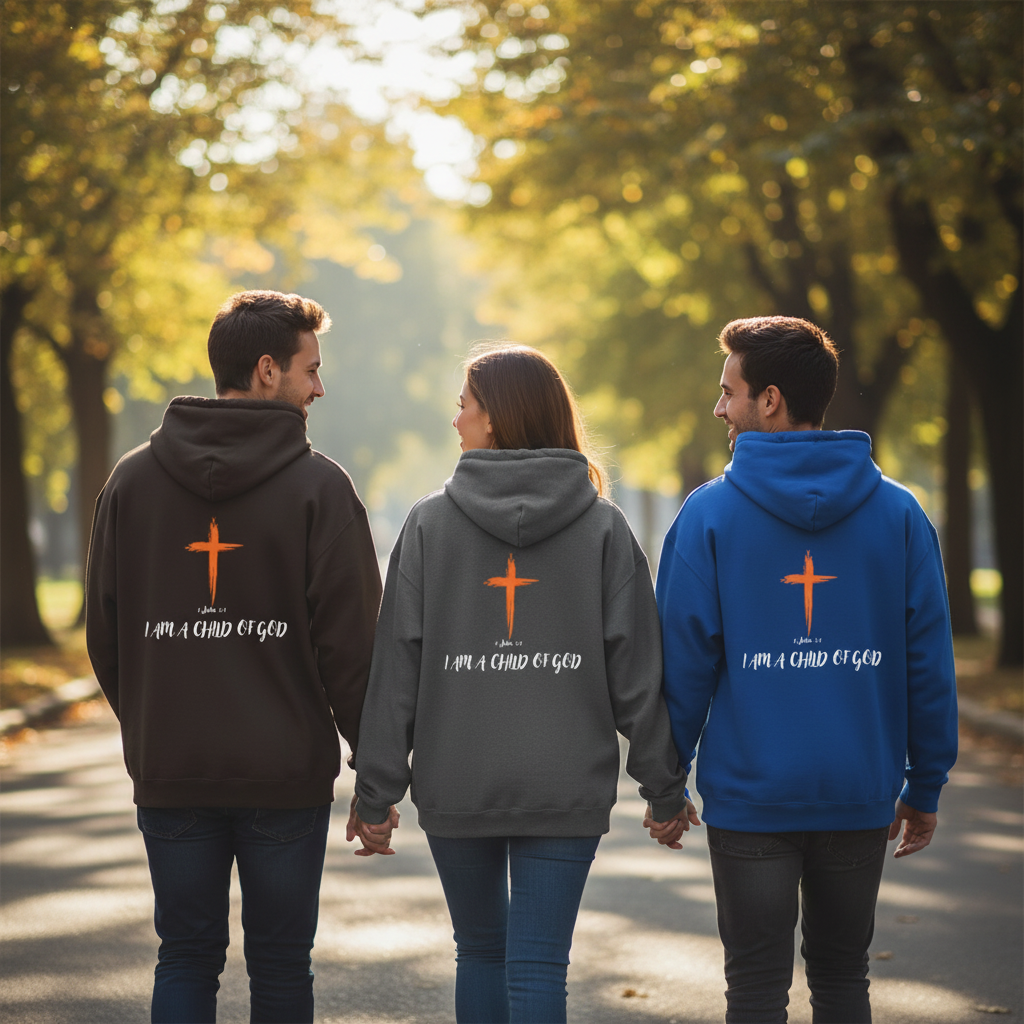 Friends walking in Child of God hoodies from back