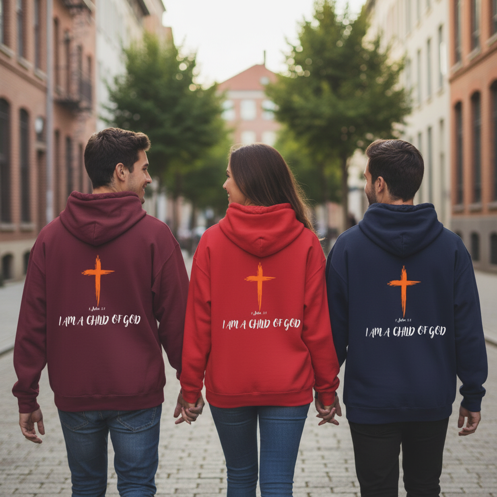 Friends walking in Child of God hoodies from back