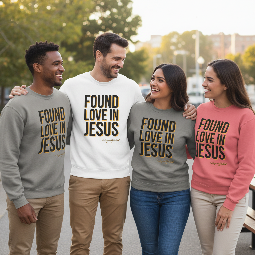 Friends wearing Found Love in Jesus sweatshirts