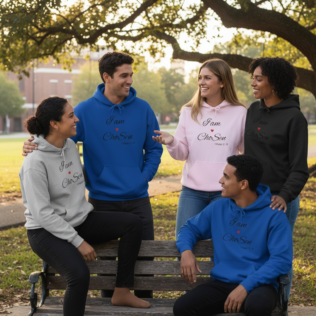 Friends wearing I am Chosen hoodies