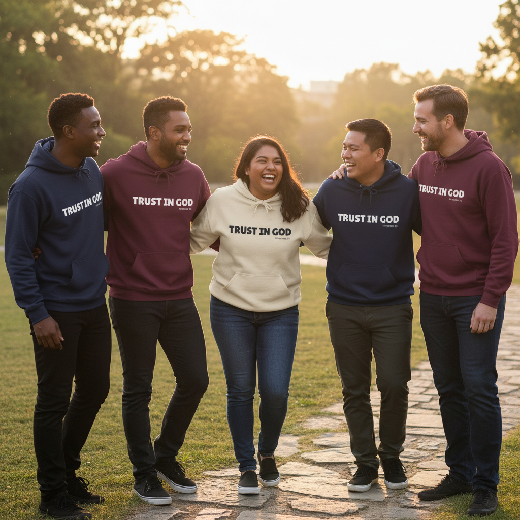 Friends wearing Trust in God hoodies