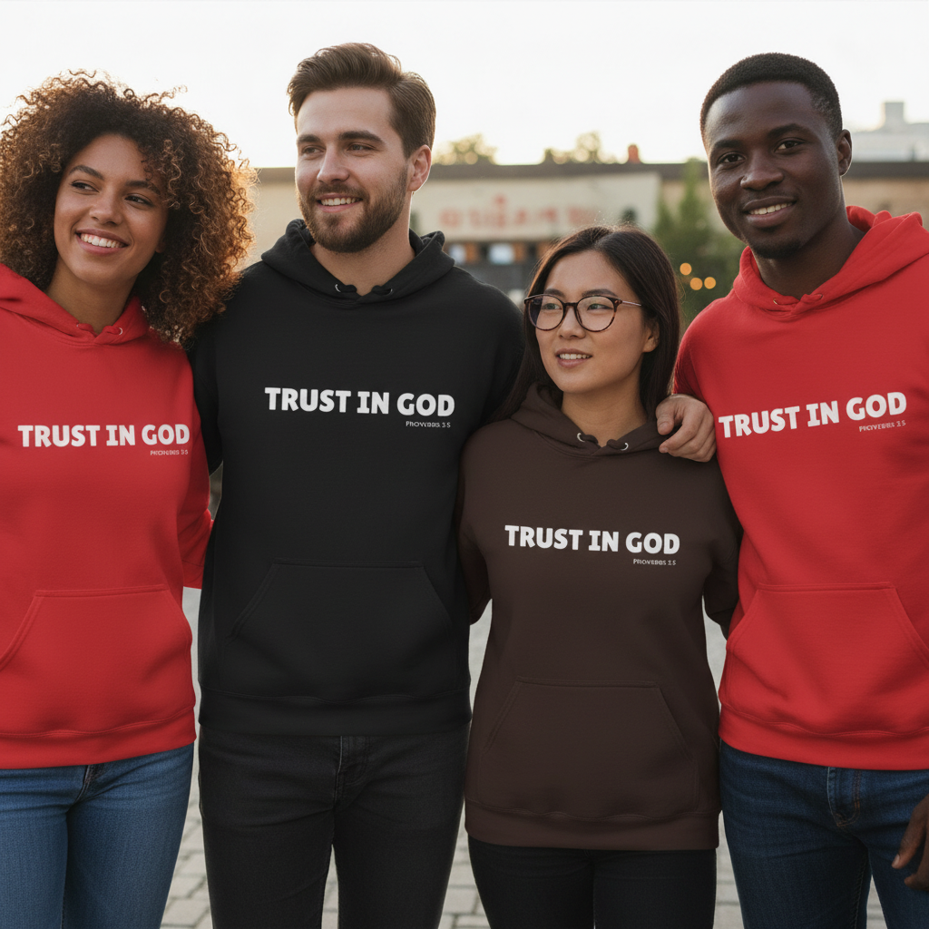 Friends wearing Trust in God hoodies