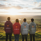 Group facing horizon in Child of God hoodies from back