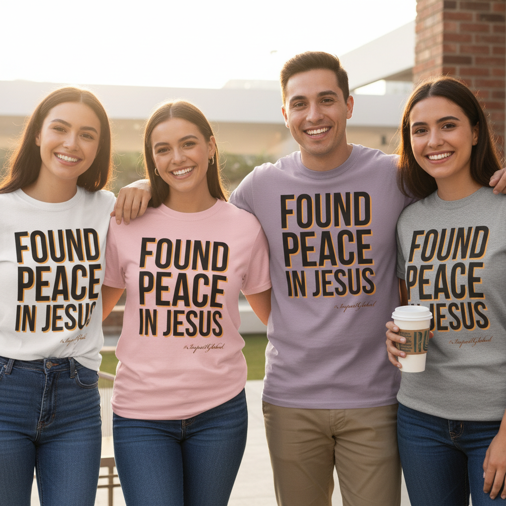 Group of friends wearing Found Peace in Jesus t-shirts
