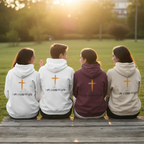 Group sitting in Child of God hoodies from back