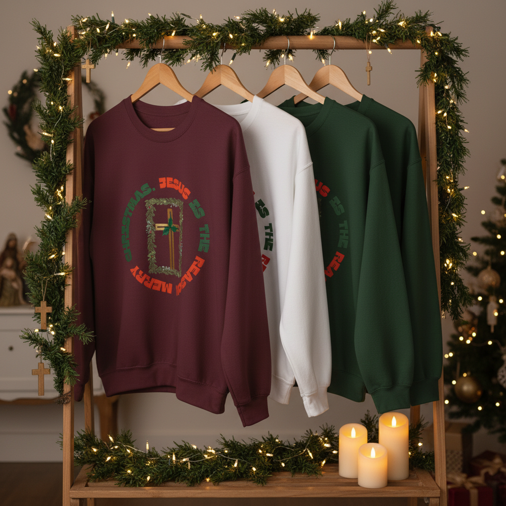 Jesus Is The Reason Sweatshirts Hanging - Reverent Close Up