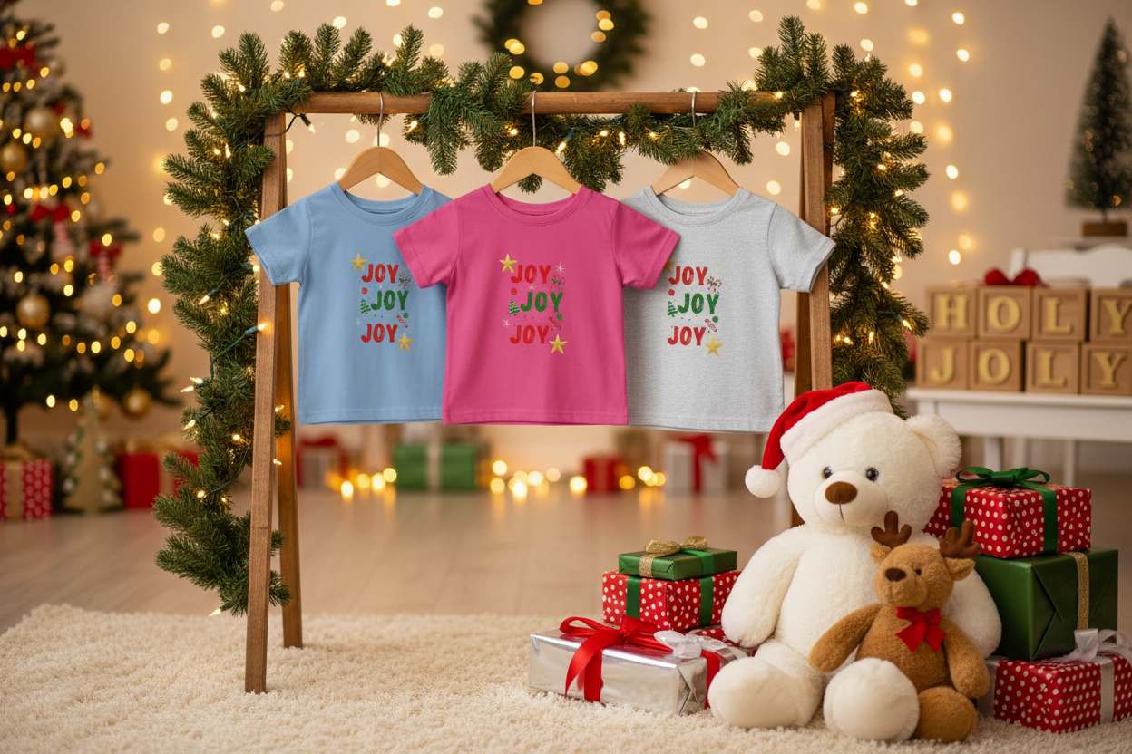 Joy Joy Joy Infant T-Shirts on Holiday Retail Rack