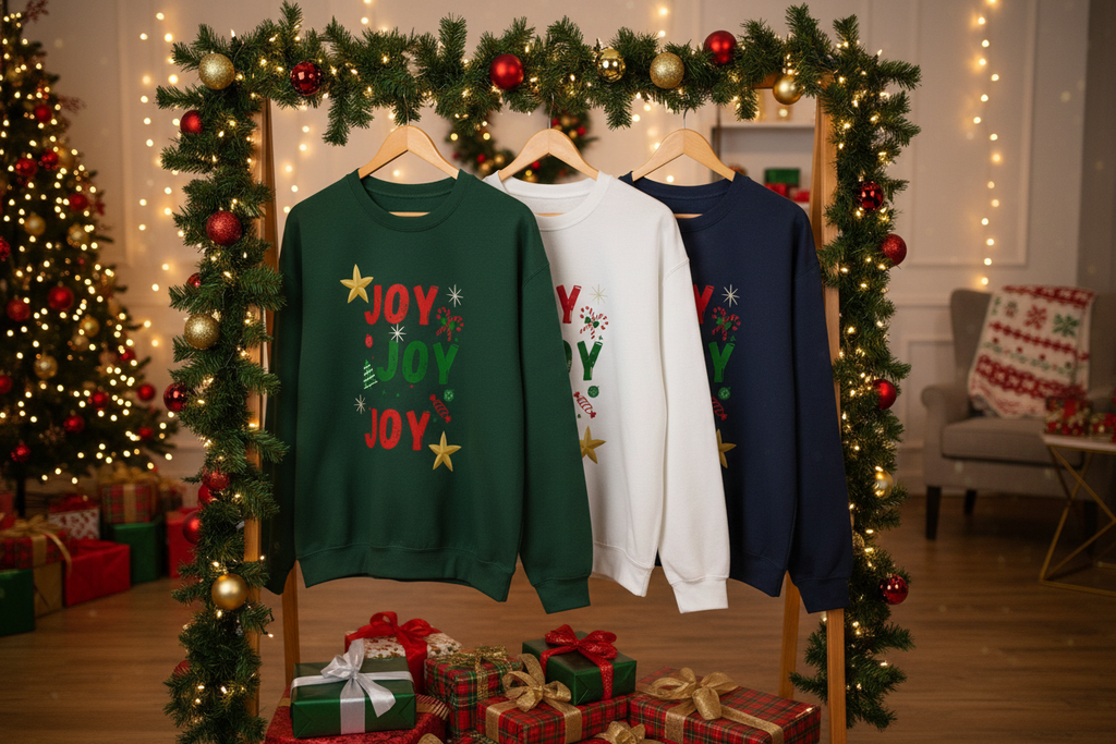 Joy Joy Joy Sweatshirts on Holiday Retail Rack