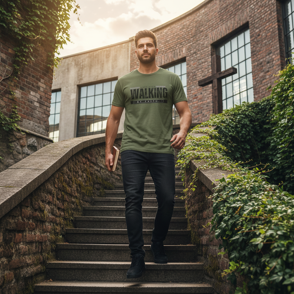 Just Keep Walking By Faith T-Shirt - Olive/Military Green