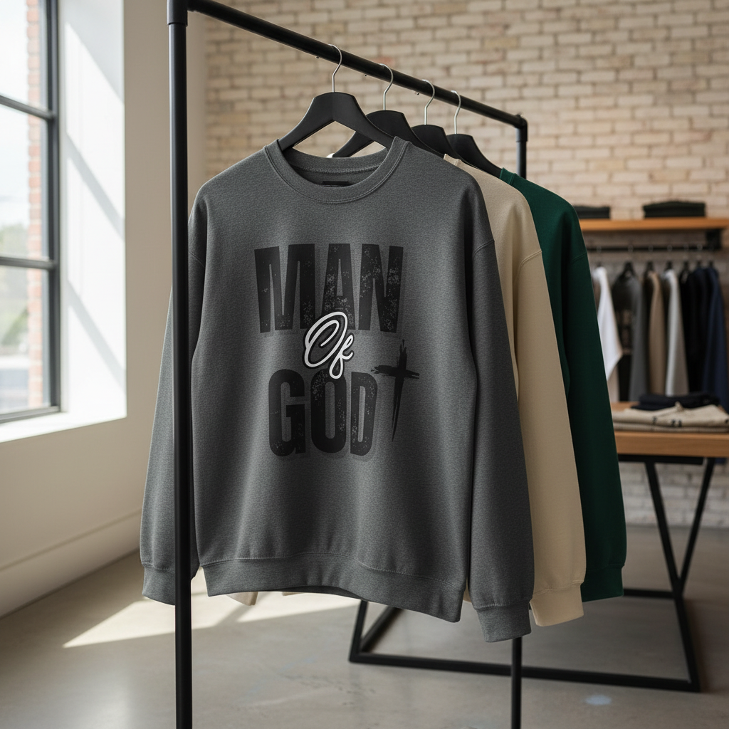 Man Of God Sweatshirts Hanging - Close Up