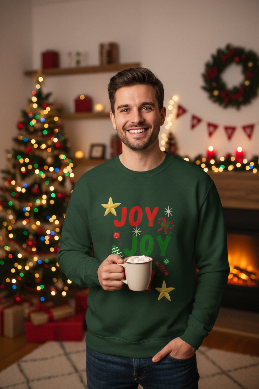 Man wearing Forest Green Joy Joy Joy Sweatshirt