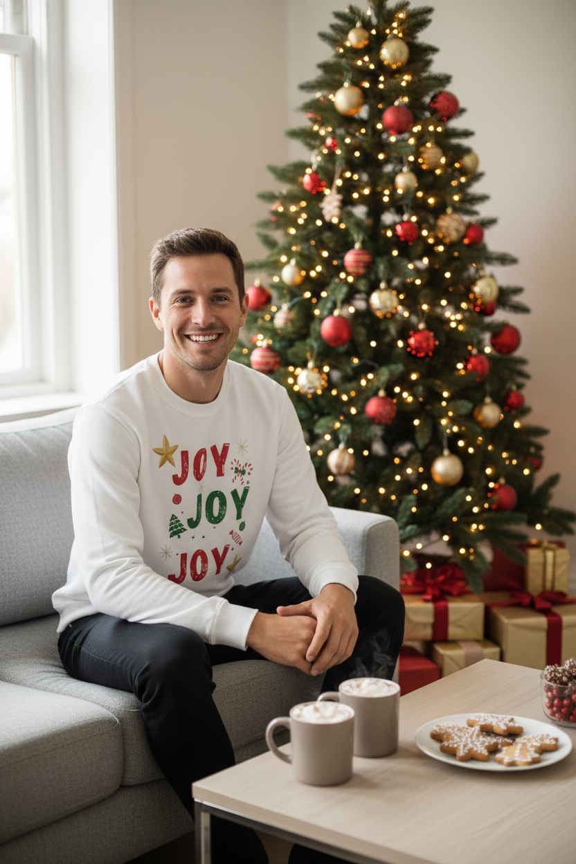 Man wearing White Joy Joy Joy Sweatshirt