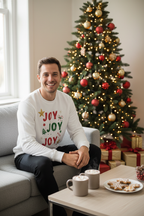 Man wearing White Joy Joy Joy Sweatshirt
