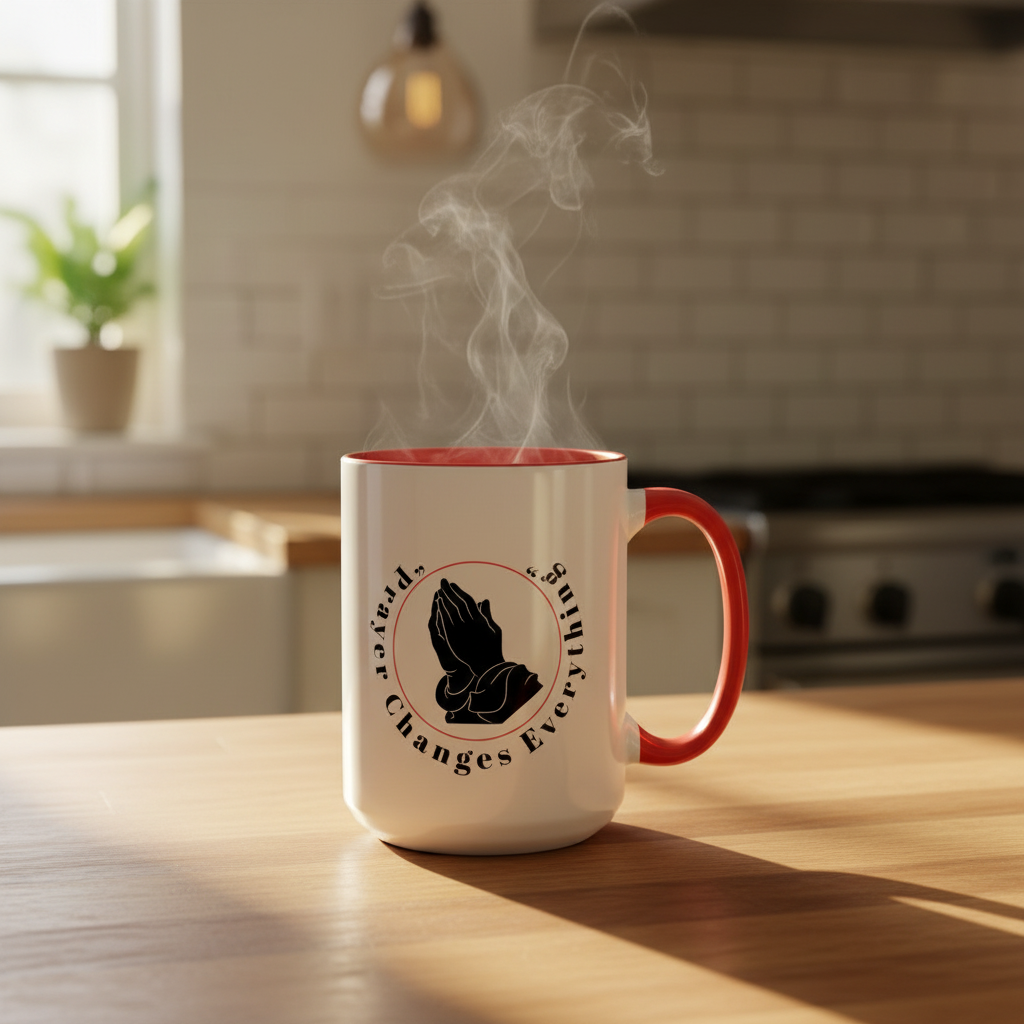 Morning kitchen scene with Prayer Changes Everything mug