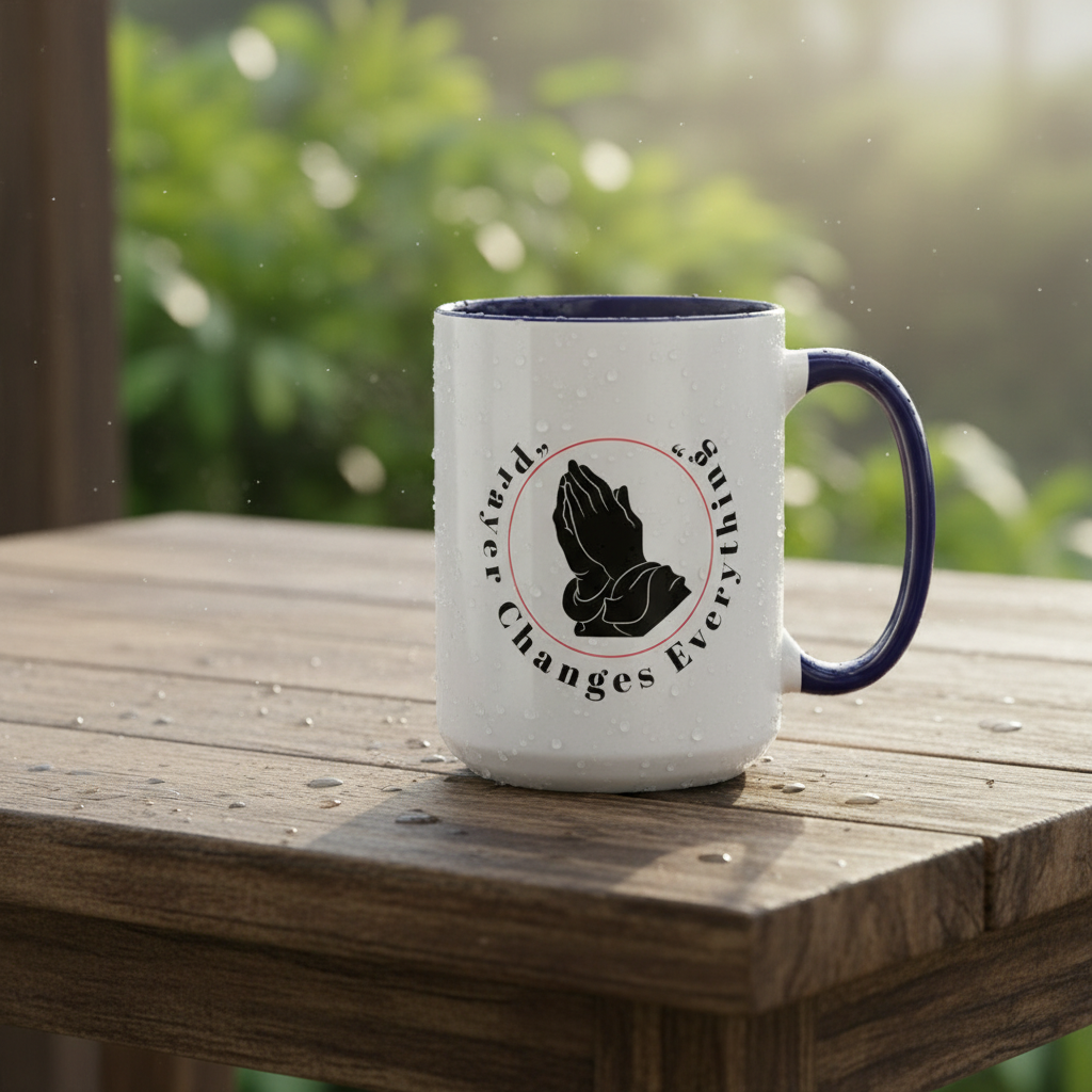 Outdoor porch setting with Prayer Changes Everything mug