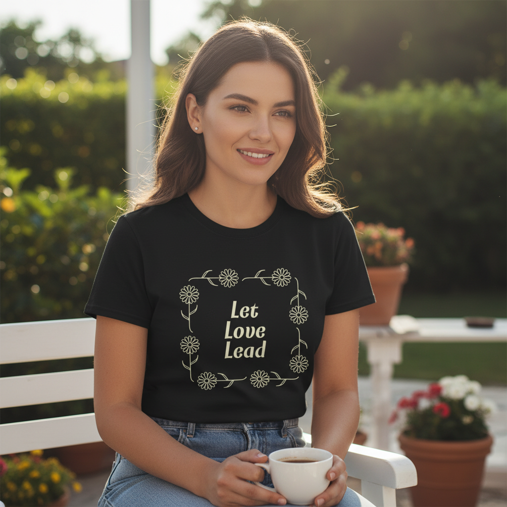 Person wearing black Let Love Lead tee