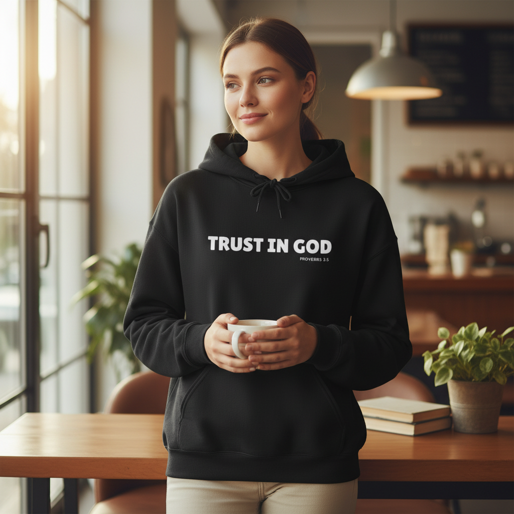 Person wearing black Trust in God hoodie