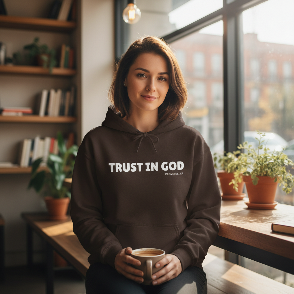 Person wearing brown Trust in God hoodie