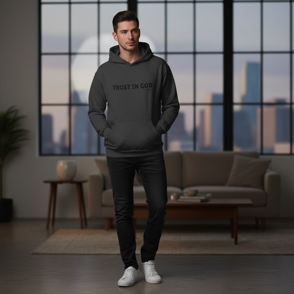 Person wearing charcoal hoodie