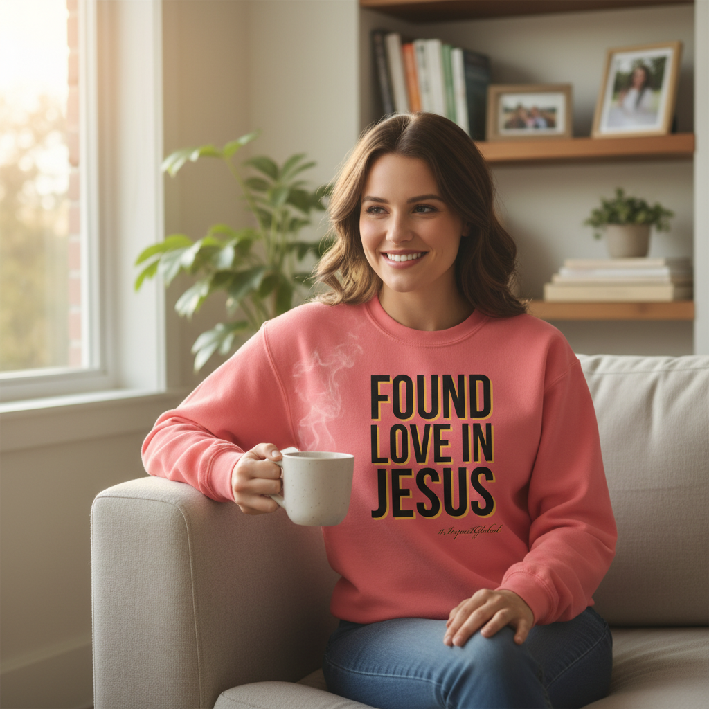 Person wearing coral Found Love in Jesus sweatshirt