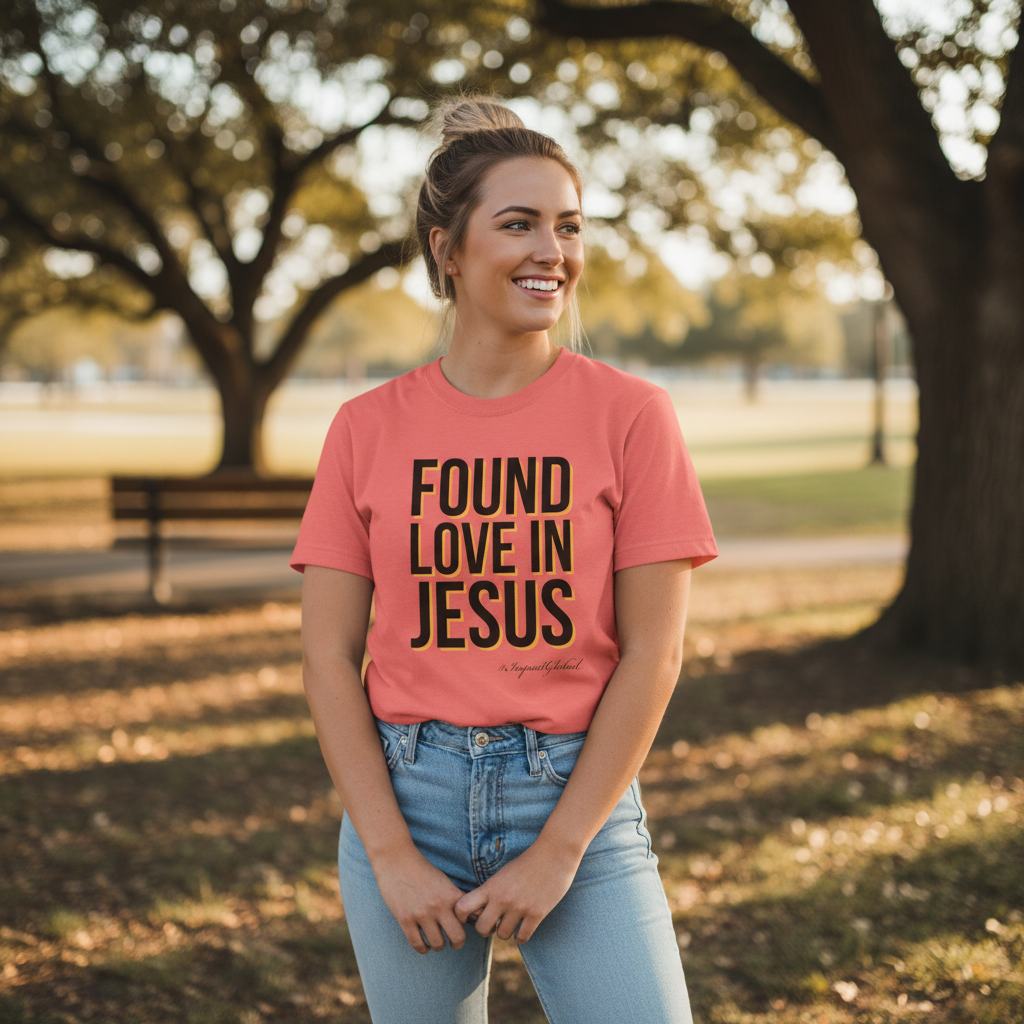 Person wearing coral Found Love in Jesus tee