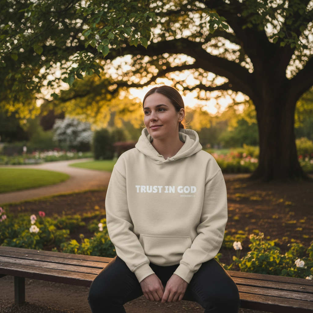 Person wearing cream Trust in God hoodie