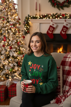 Person wearing Forest Green Joy Joy Joy Sweatshirt
