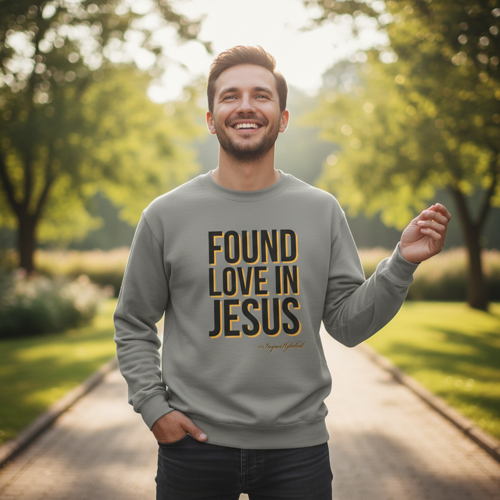 Person wearing gray Found Love in Jesus sweatshirt