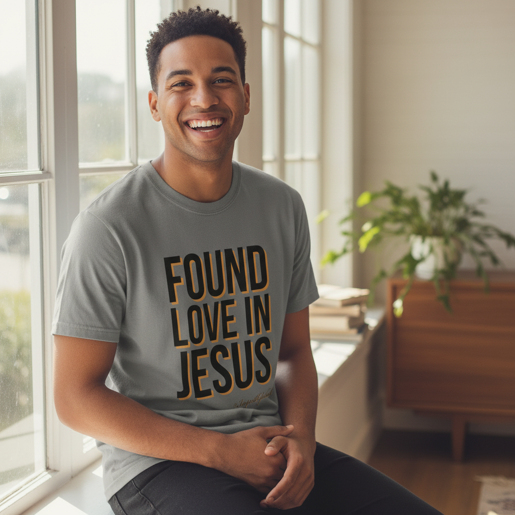 Person wearing gray Found Love in Jesus tee