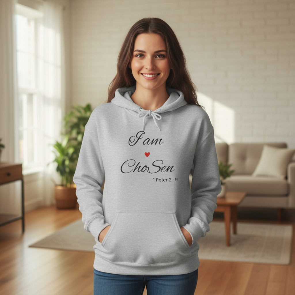 Person wearing gray I am Chosen hoodie