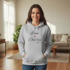 Person wearing gray I am Chosen hoodie
