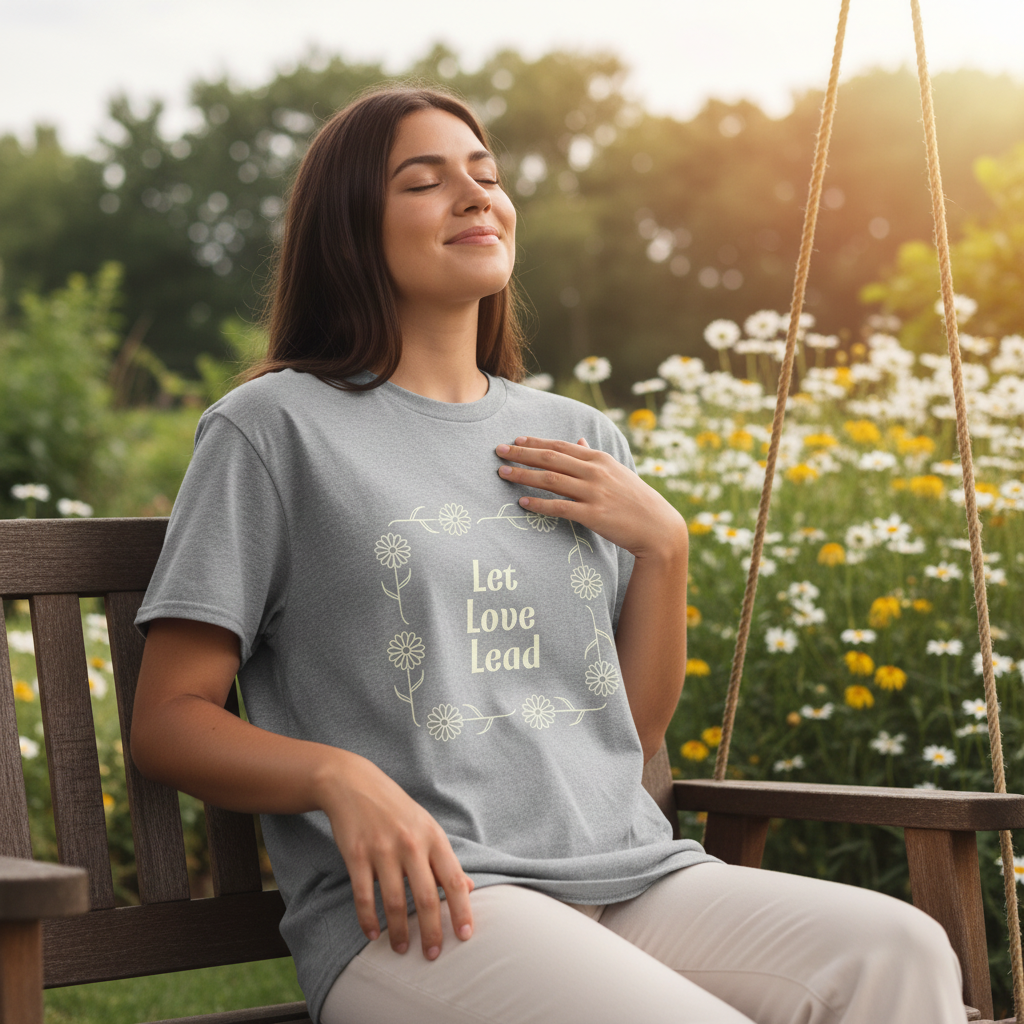 Person wearing gray Let Love Lead tee