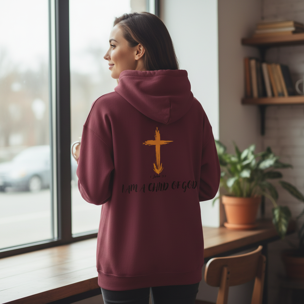 Person wearing maroon Child of God hoodie