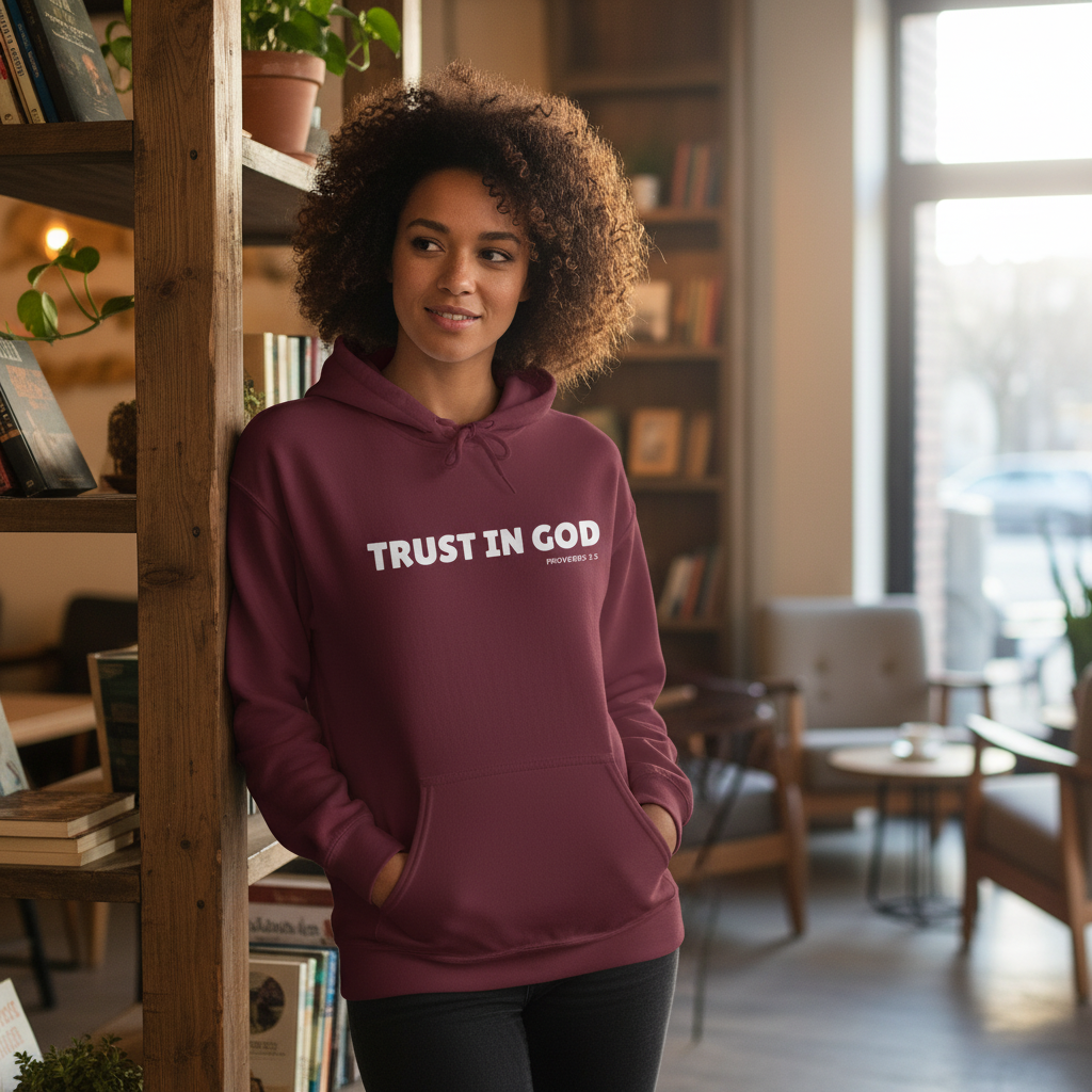 Person wearing maroon Trust in God hoodie