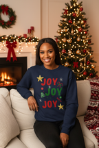 Person wearing Navy Blue Joy Joy Joy Sweatshirt