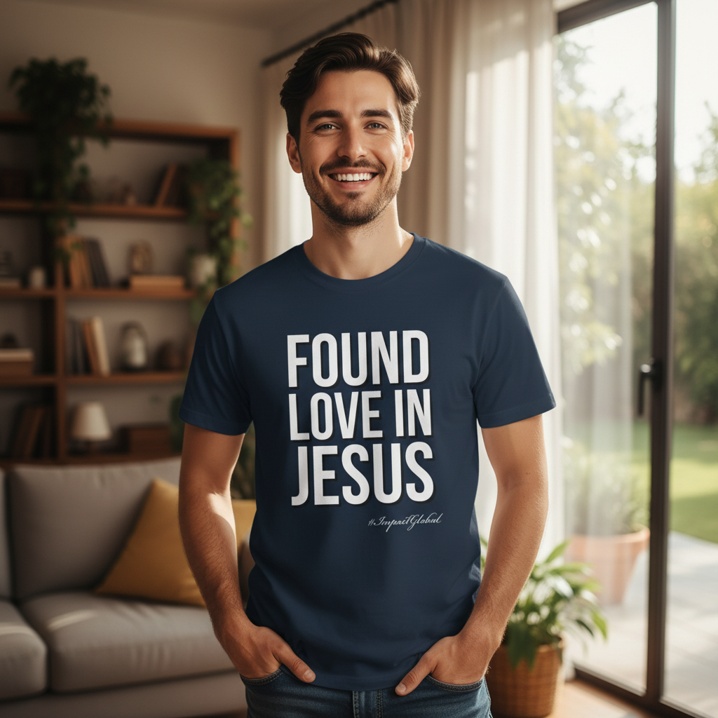 Person wearing navy Found Love in Jesus tee