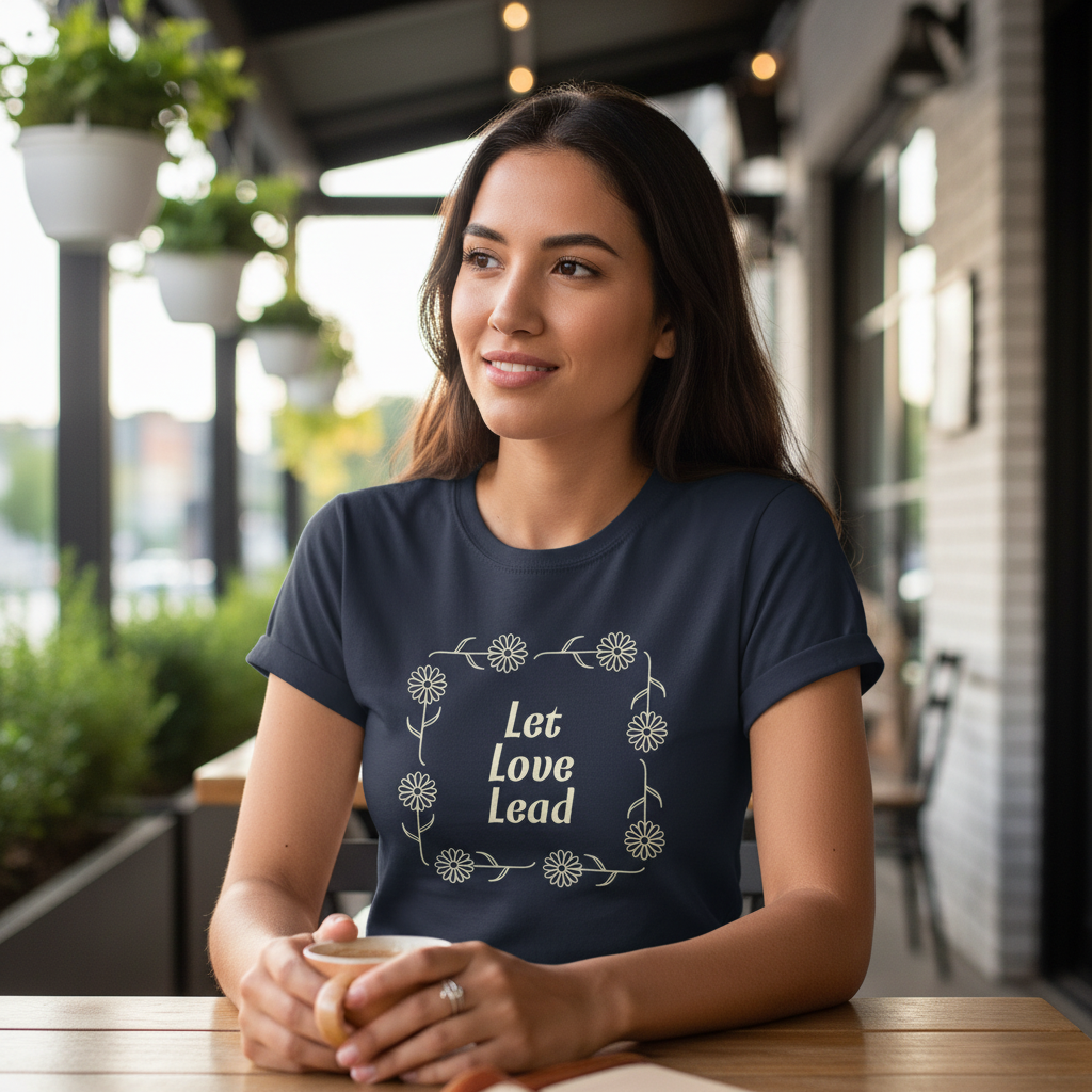 Person wearing navy Let Love Lead tee