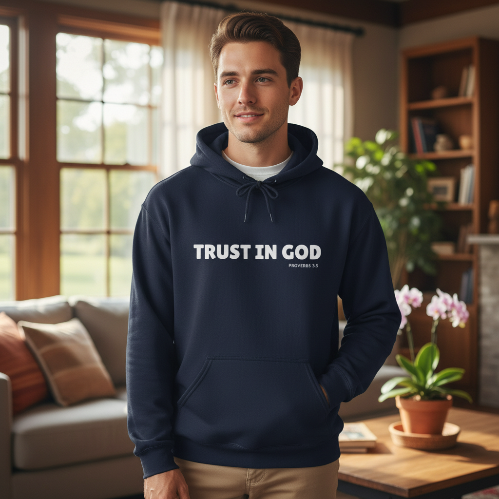 Person wearing navy Trust in God hoodie