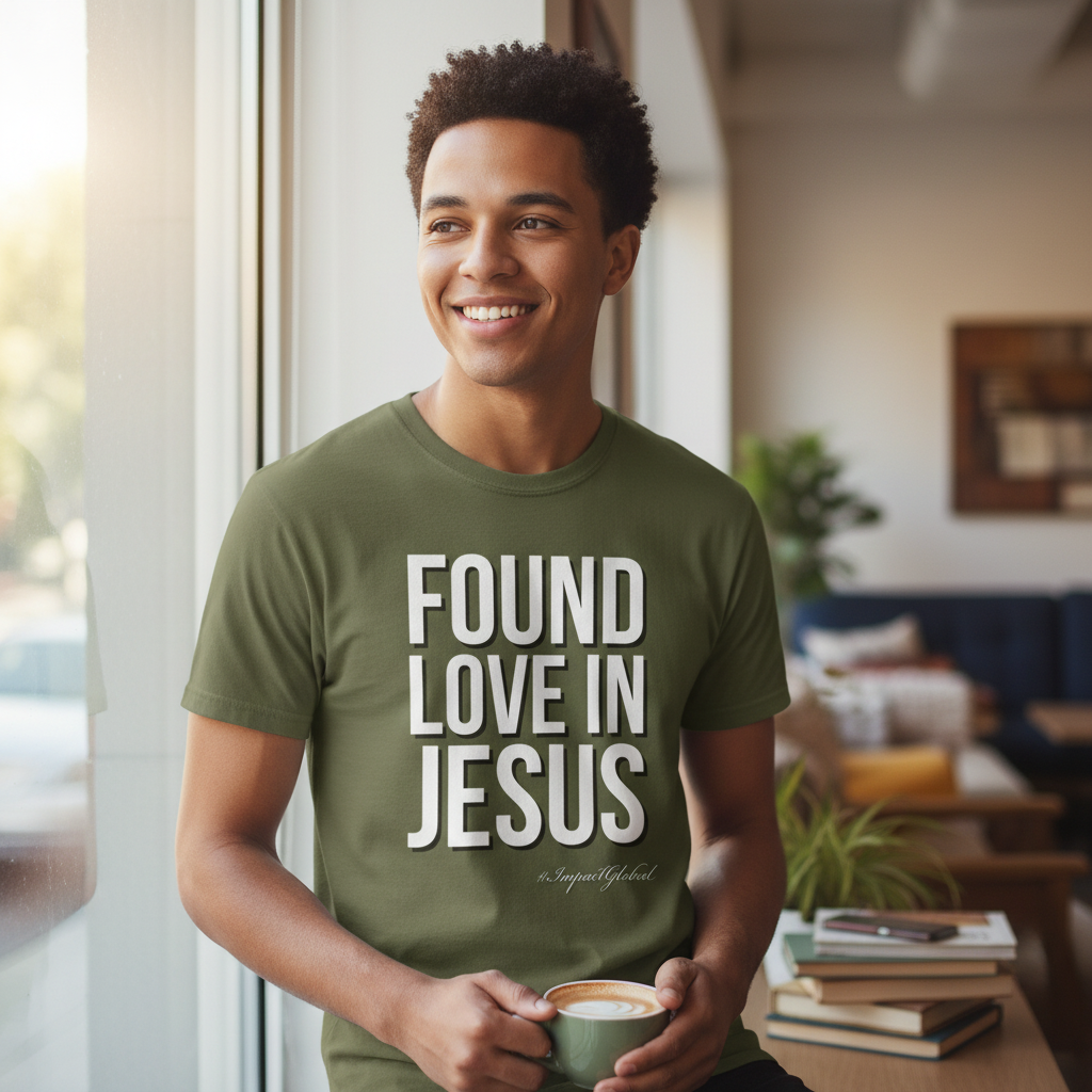 Person wearing olive Found Love in Jesus tee