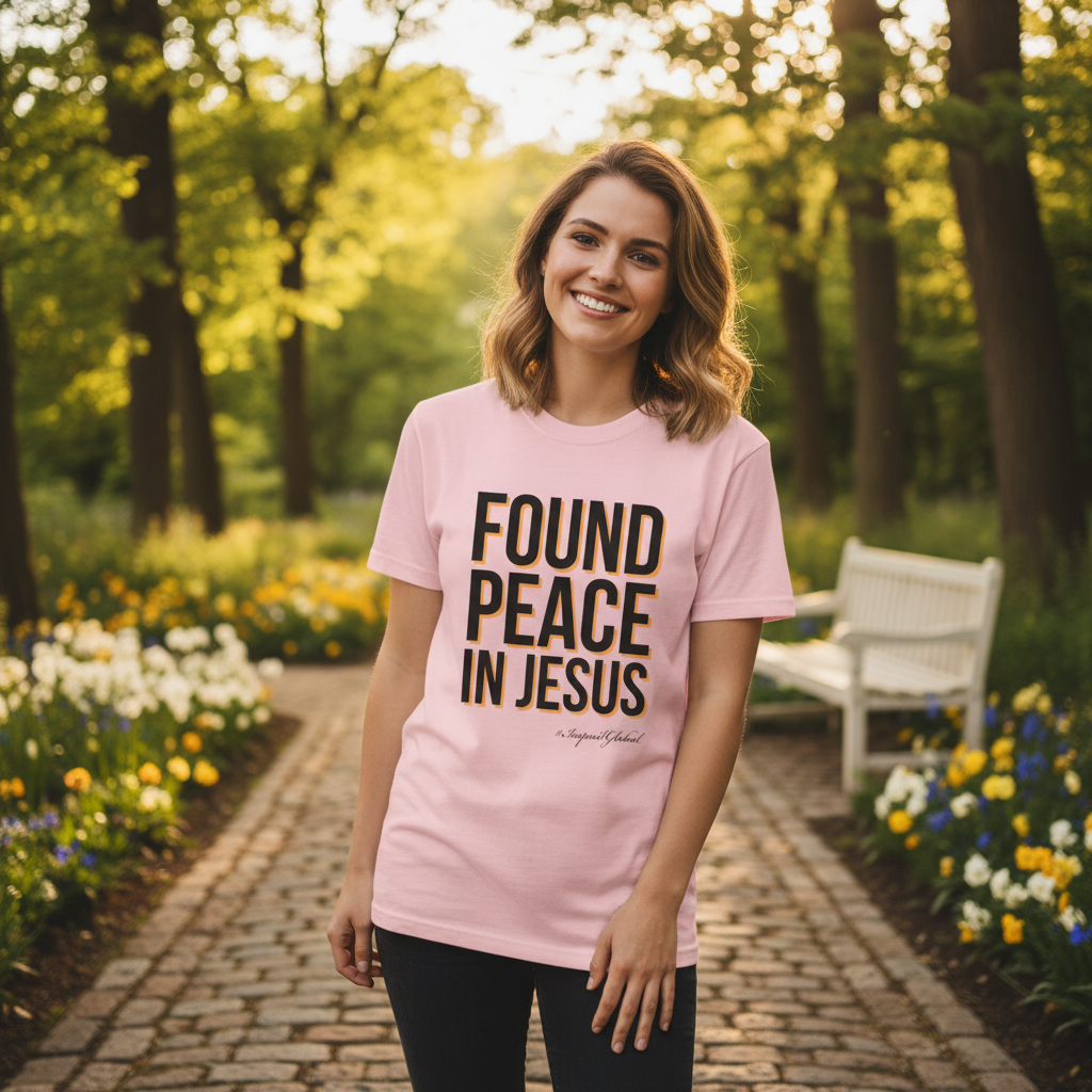 Person wearing pink Found Peace in Jesus t-shirt