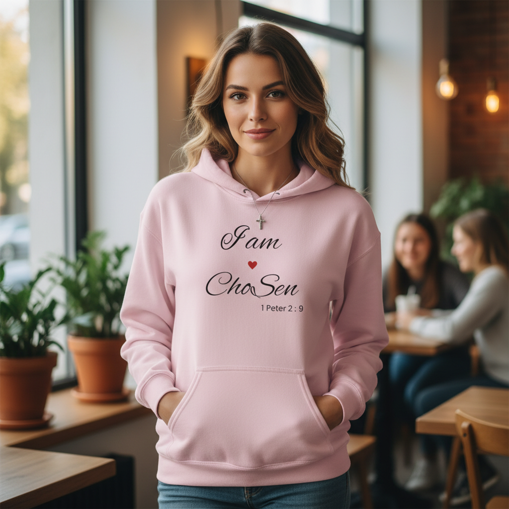 Person wearing pink I am Chosen hoodie