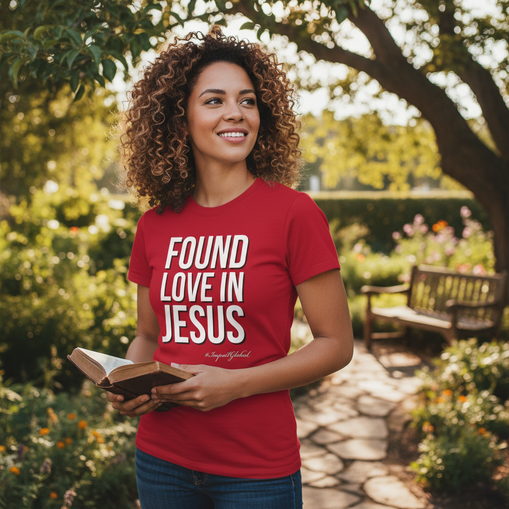 Person wearing red Found Love in Jesus tee