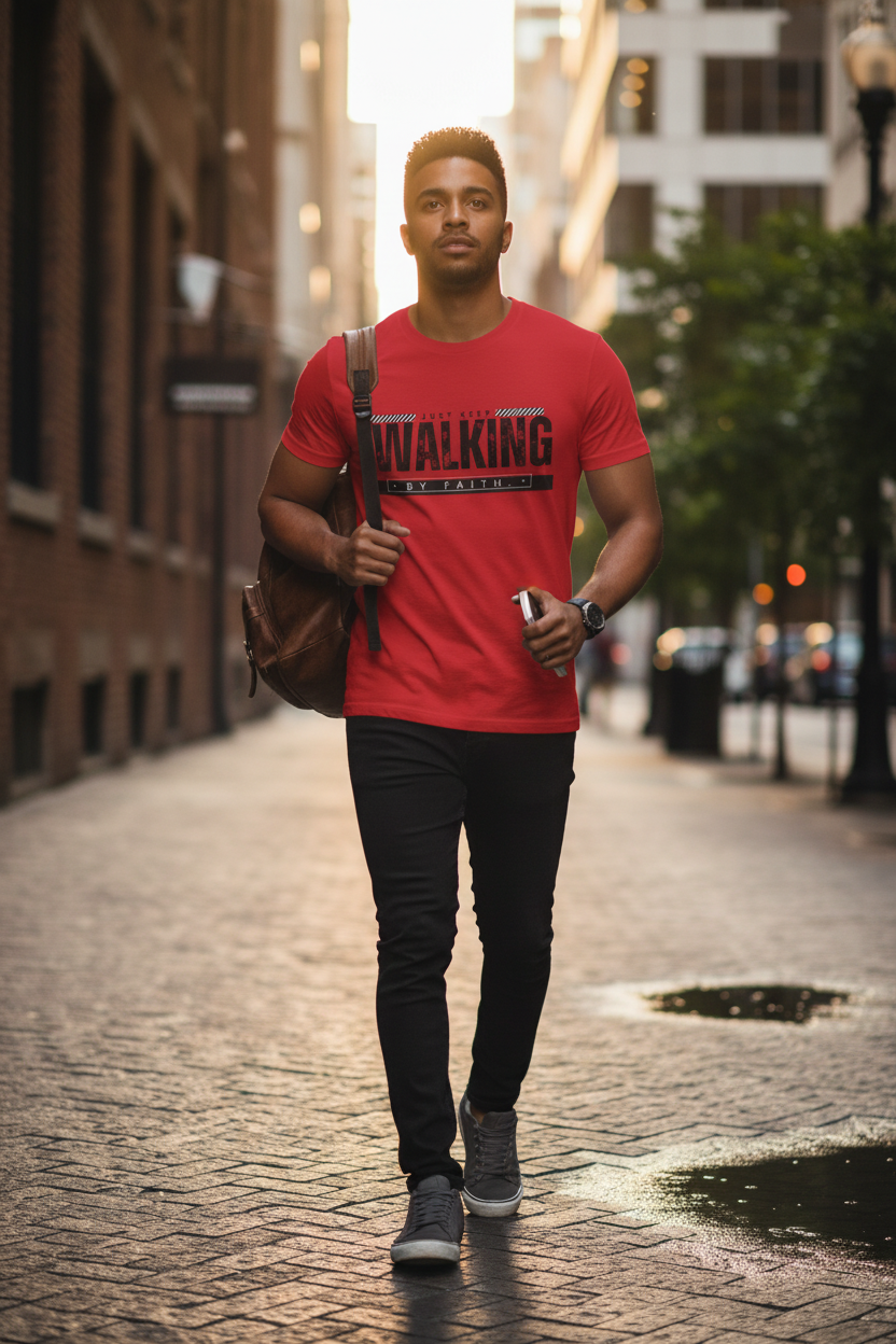 Person wearing Red Just Keep Walking T-Shirt