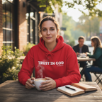 Person wearing red Trust in God hoodie