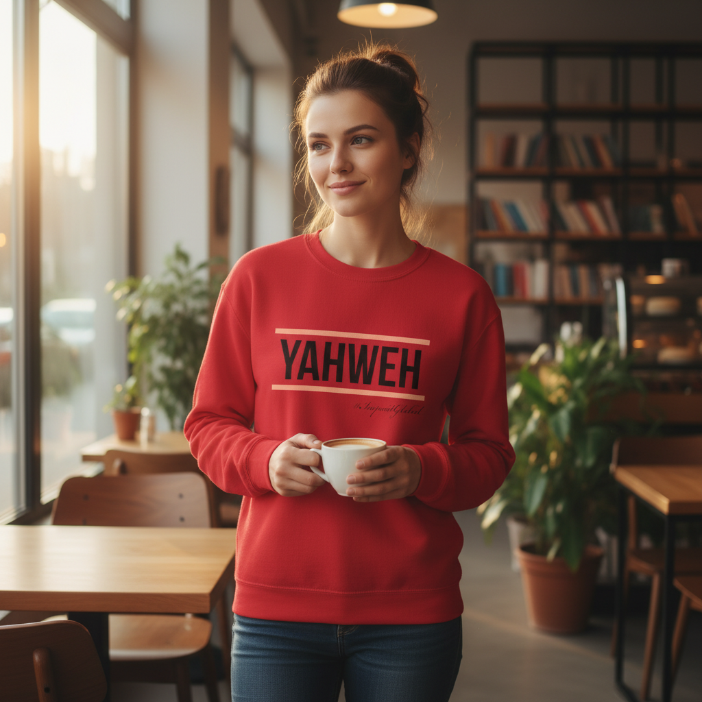 Person wearing red YAHWEH sweatshirt