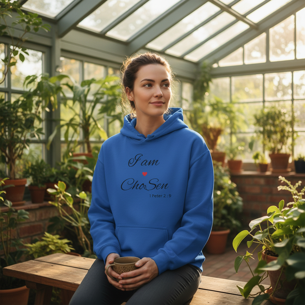 Person wearing royal blue I am Chosen hoodie