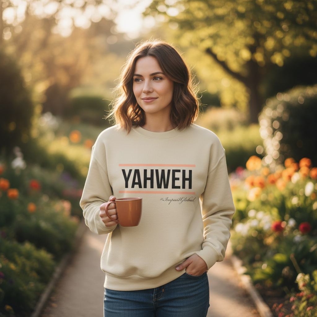 Person wearing sand YAHWEH sweatshirt